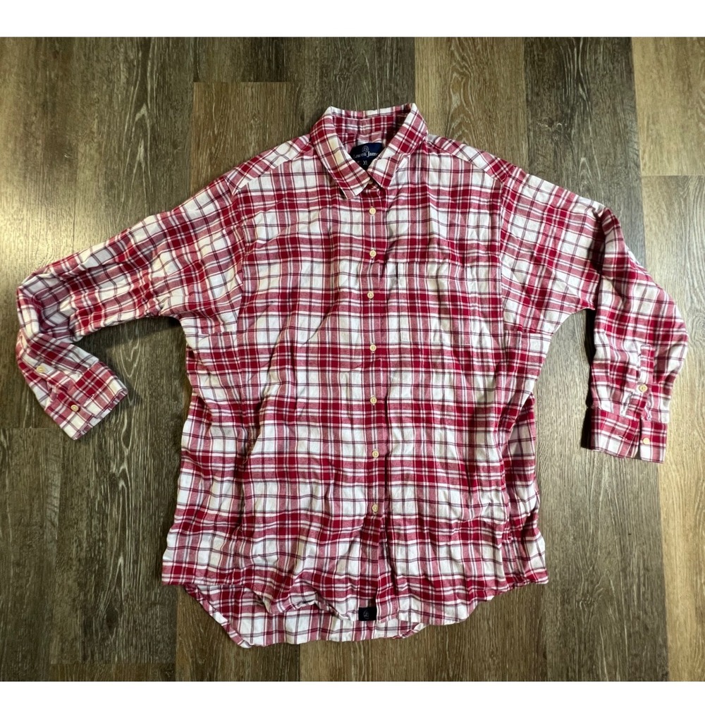 Lauren James Plaid Button Down Women XL Red White Cotton Flannel Long Sleeve